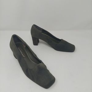 Marbella Moss Green Fabric Chunky Block Heeled Square Toe Pumps Size 8 M